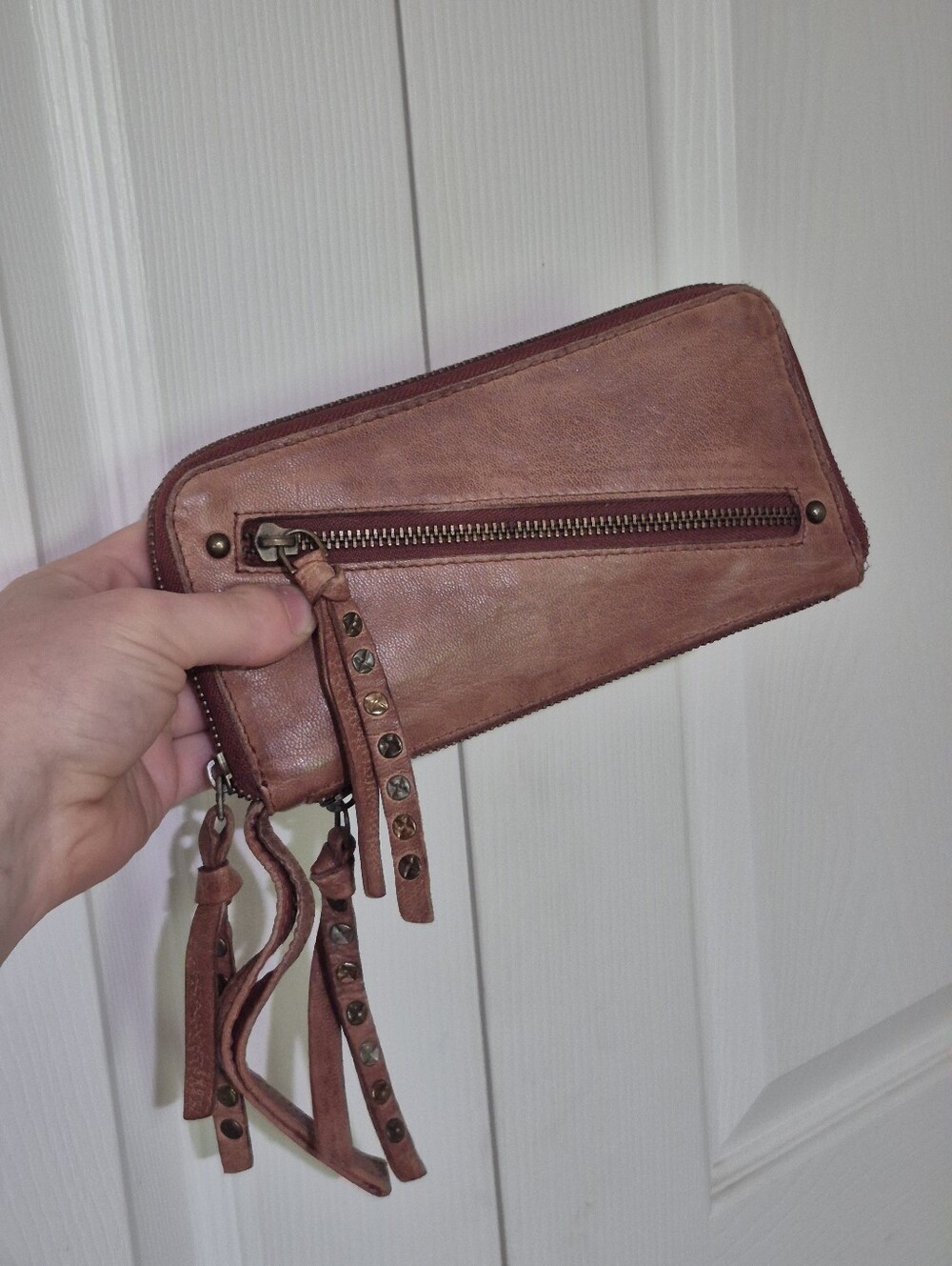 Free People 100% Leather Zip Wallet In Congac Brown